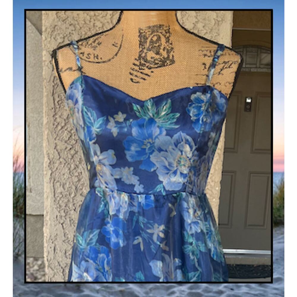 Lulus Blue Floral Organza Tiered Maxi Exclusive Glamour Dress Size S - Picture 3 of 9